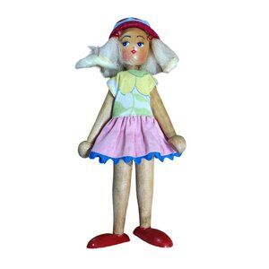 Vintage Wooden String Jointed Peg Doll Folk Art Mid Century Toy Polish